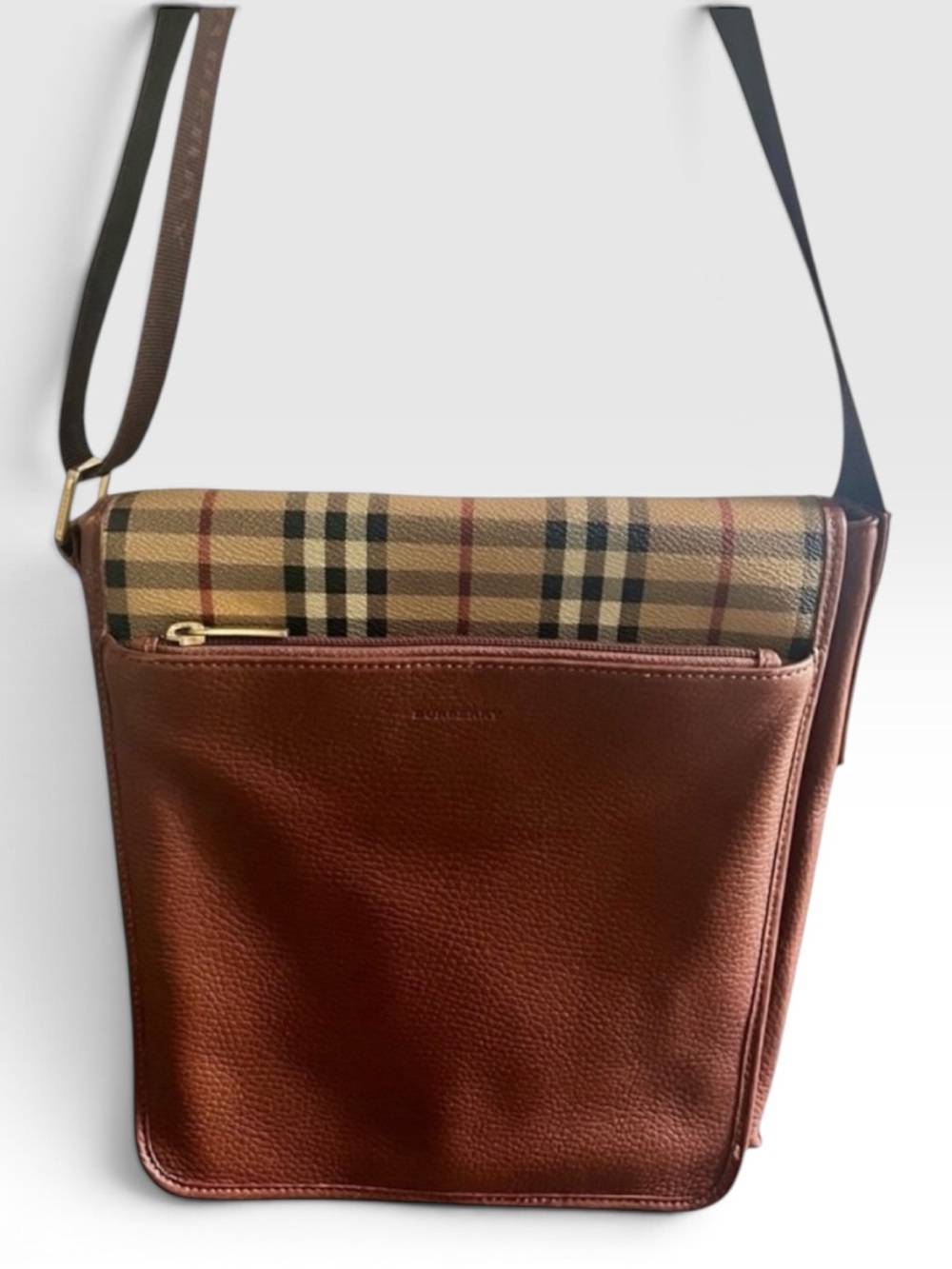 Burberry Nova Check Leather Messenger Crossbody Bag Brown Vintage Y2K